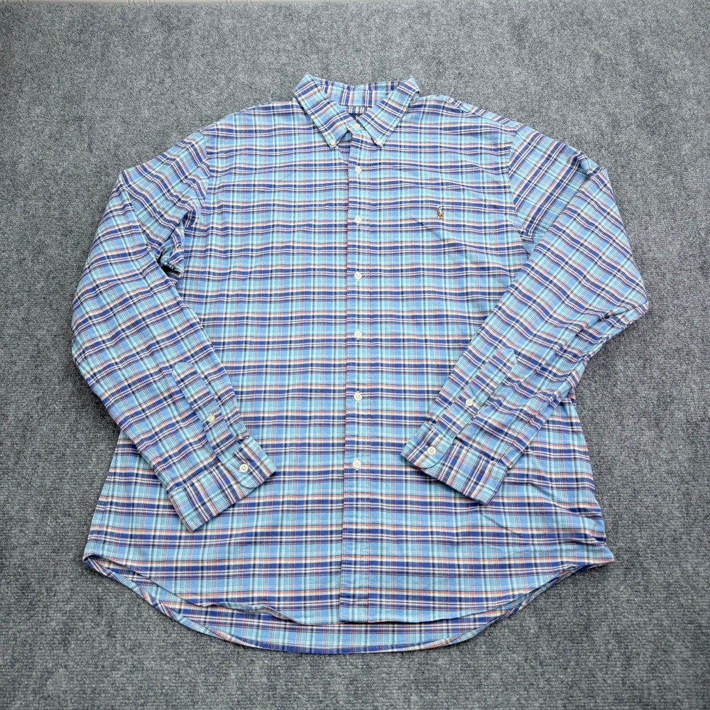 Ralph Lauren Shirt Mens XXL Slim Fit Stretch Oxford Plaid Button Down Flesh Pony